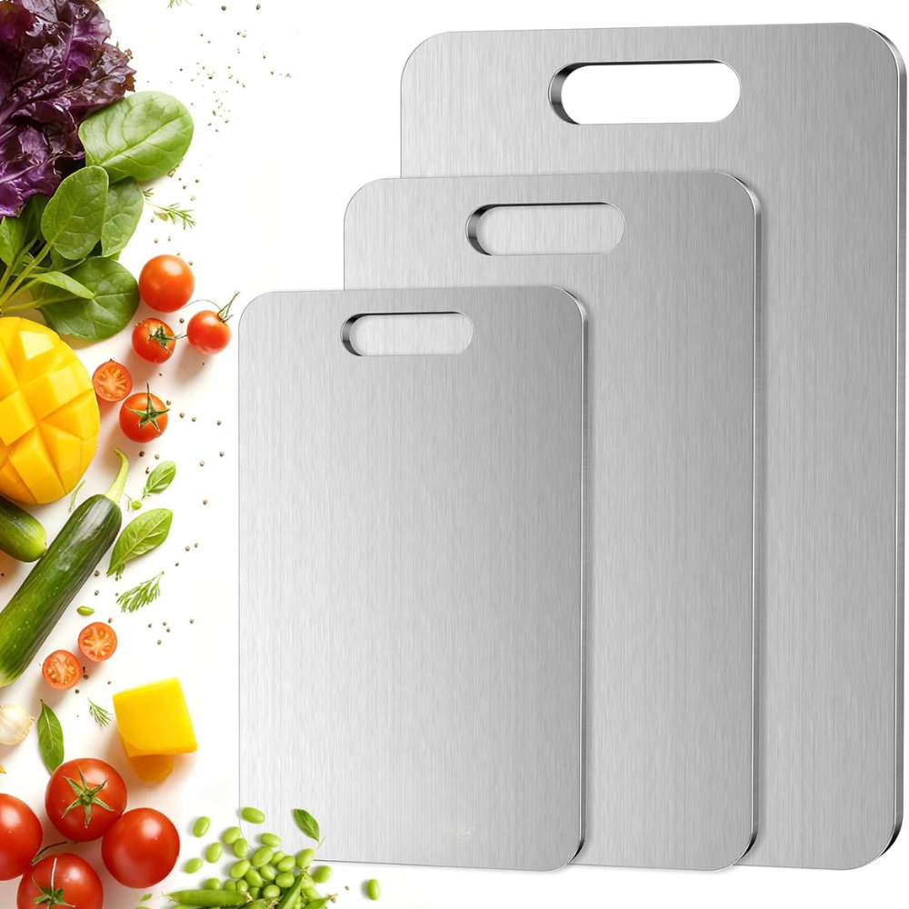 Planche à découper en titane, planche à découper en titane 100 % pour la cuisine, planches en titane double face avec zones séparées pour les aliments crus et cuits, non toxique, lavable au lave-vaisselle (S+M+L)
