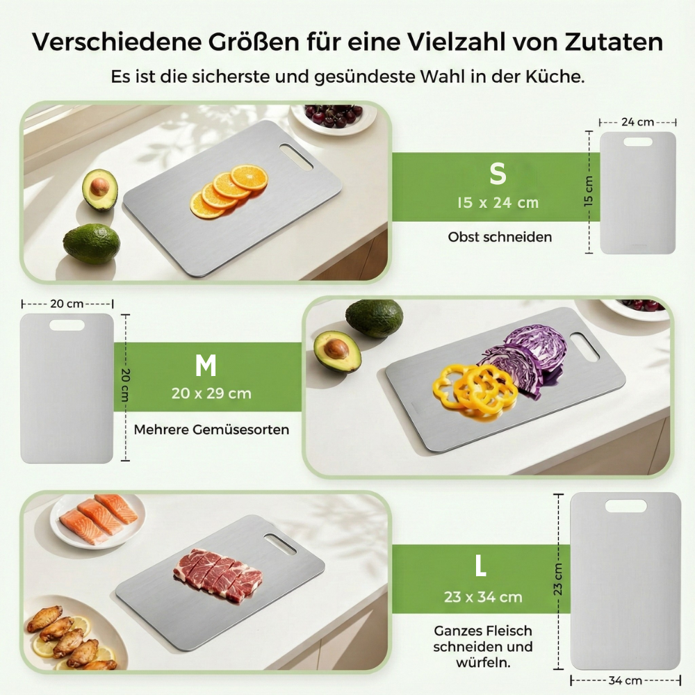 Planche à découper en titane, planche à découper en titane 100 % pour la cuisine, planches en titane double face avec zones séparées pour les aliments crus et cuits, non toxique, lavable au lave-vaisselle (S+M+L)