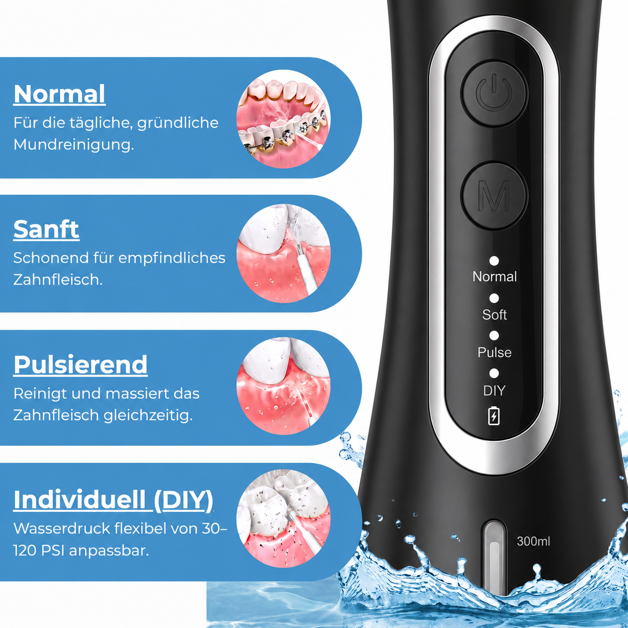 Hydropulseur sans fil pour un soin efficace des dents et des gencives avec 4 modes et 4 embouts, réservoir d'eau de 300 ml, pression d'eau de 30 à 120 PSI et protection contre l'eau IPX7