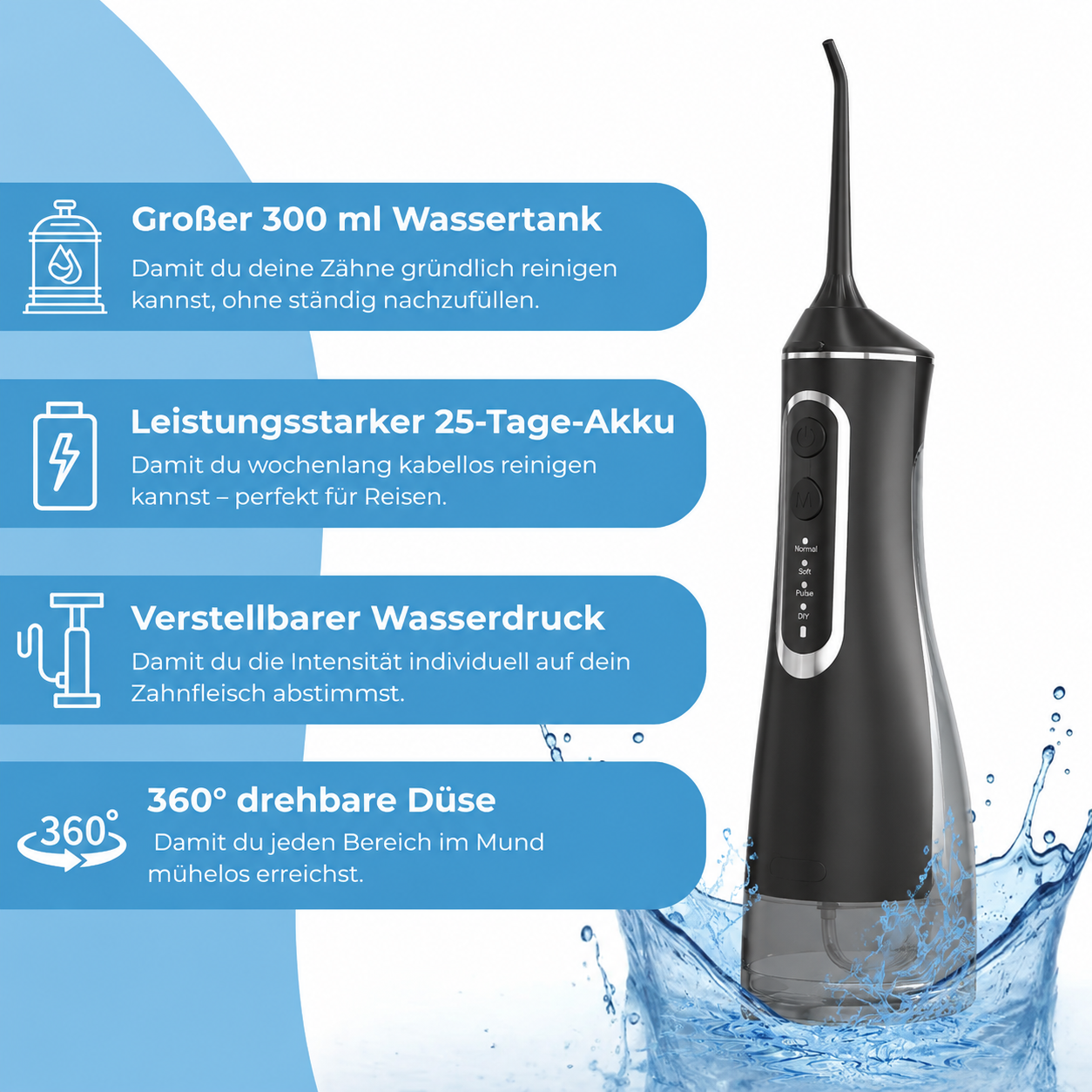 Hydropulseur sans fil pour un soin efficace des dents et des gencives avec 4 modes et 4 embouts, réservoir d'eau de 300 ml, pression d'eau de 30 à 120 PSI et protection contre l'eau IPX7