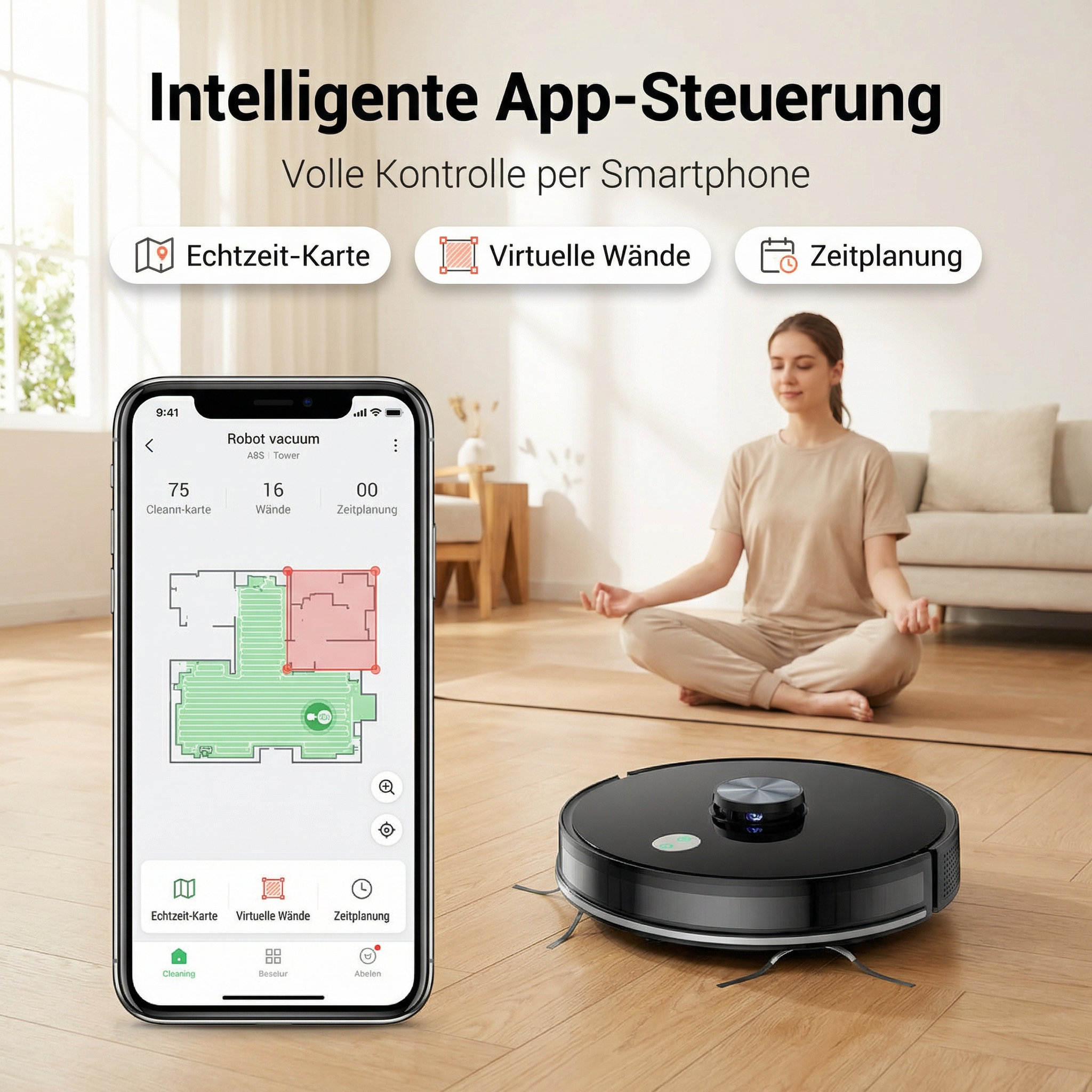 Robot aspirateur Heimwert K8 SmartClean – Nettoyage automatique avec fonction de lavage et contrôle par application