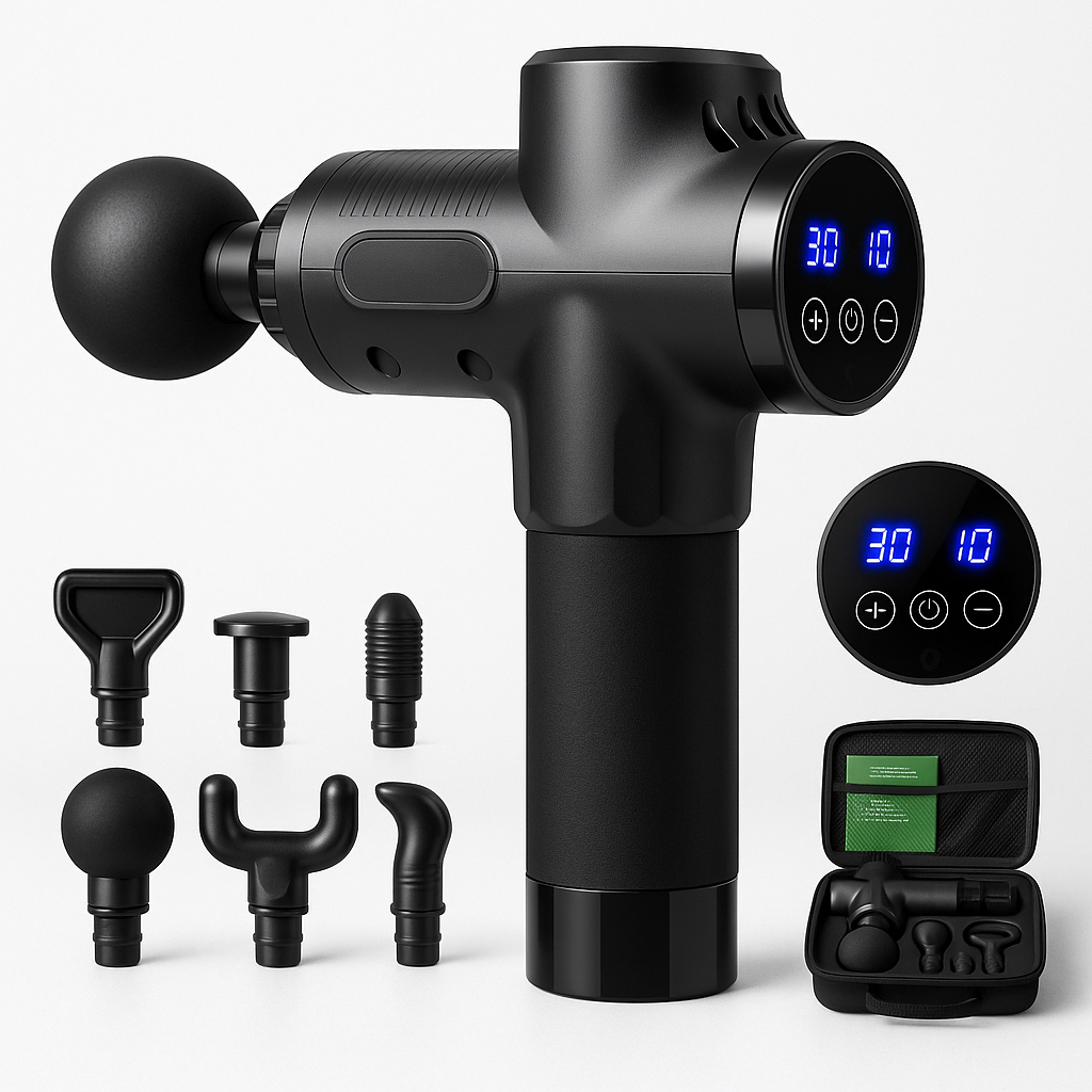 Pistolet de massage avec 30 vitesses / Massage Gun pour un massage musculaire profond avec jusqu'à 3600 impulsions/min / 10 embouts pour le cou, le dos et le corps / Avec écran tactile LCD